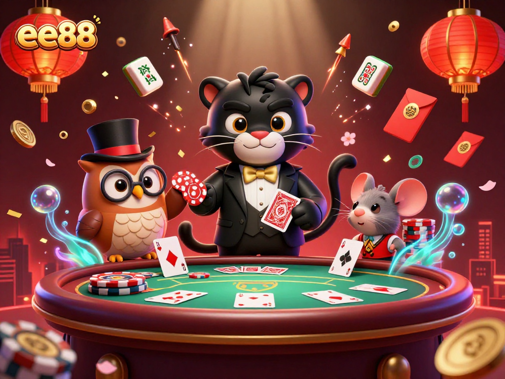 Win thrilling jackpots at ee88 with our cartoon characters surrounded by vibrant casino elements.