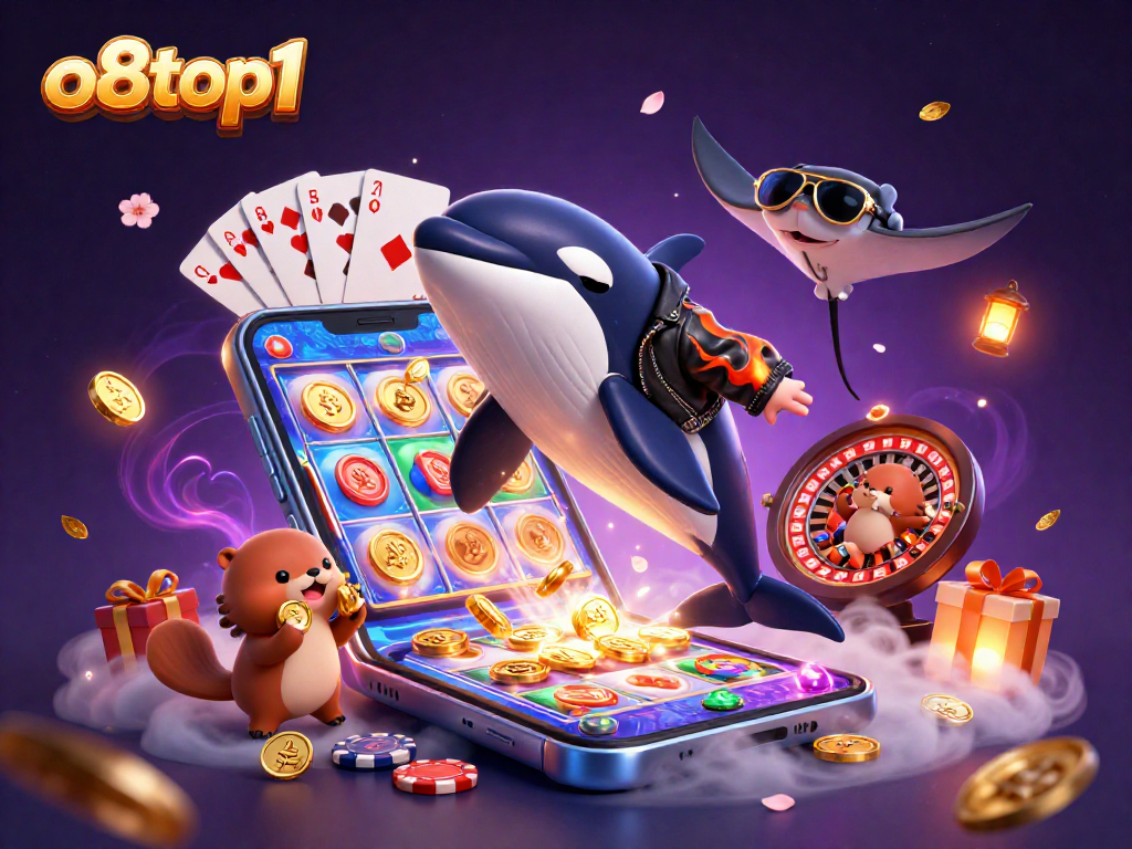 Join the fun at o8top1 with this dynamic 3D illustration showcasing an orca, stingray, and otters celebrating casino wins!