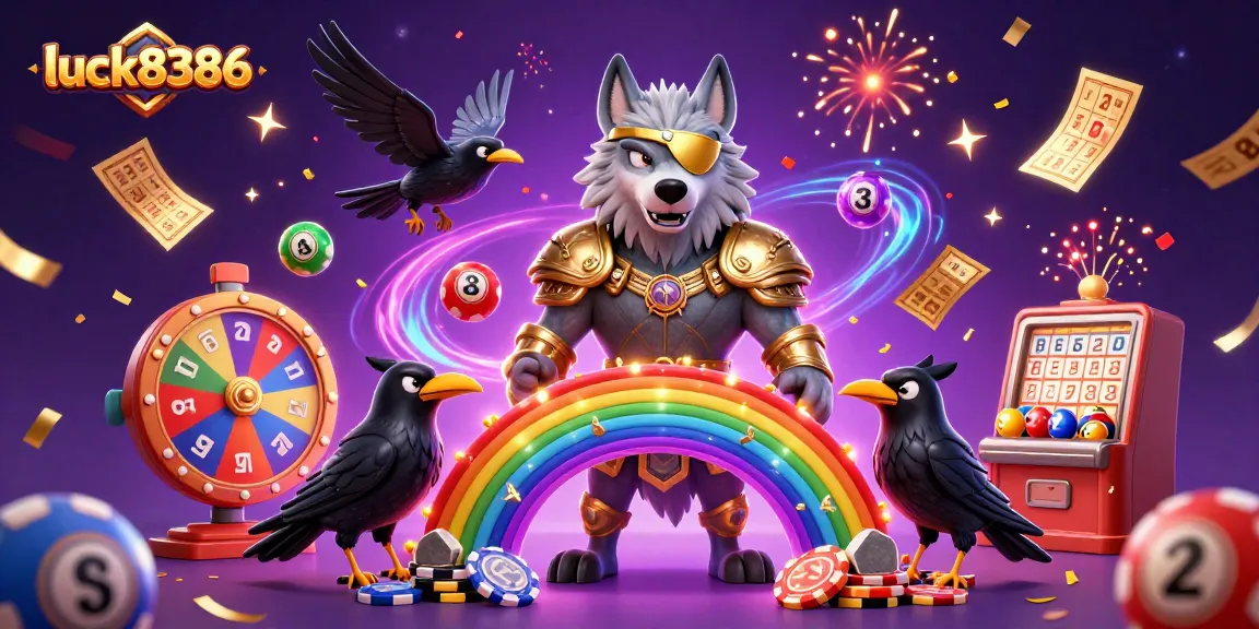 Explore luck8386's vibrant casino world with Odin and ravens in a dynamic lottery scene.