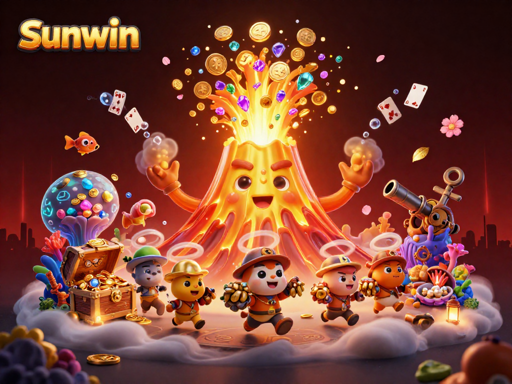 Join the adventure with sunwin as treasure erupts from a golden volcano, surrounded by colorful gaming elements!