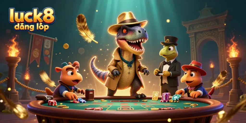 Experience luck8 đăng nhập at an exciting blackjack table, dynamic scene with cartoon dinosaurs and chips.