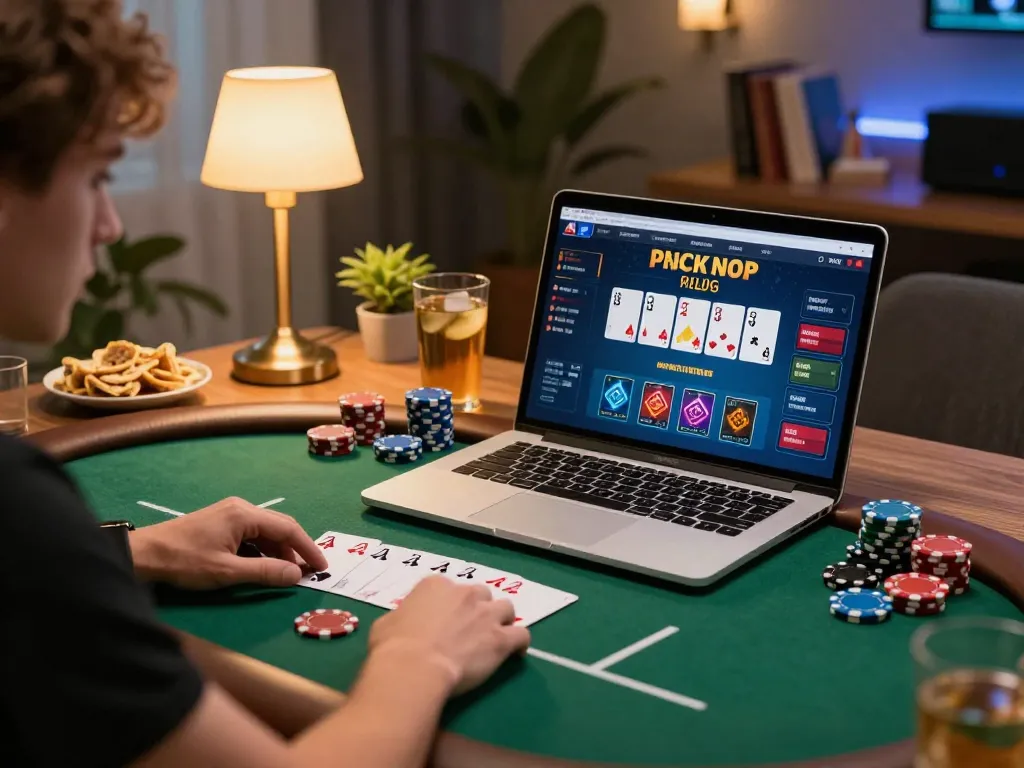Play online poker with va88 as the player engages in a thrilling match at home, showcasing strategic gameplay.