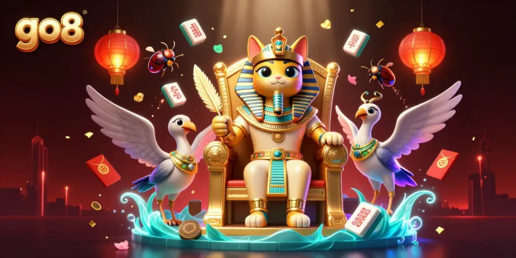 Engage with go8's vibrant casino scene featuring pharaoh cat and exotic game elements.