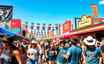 Celebrate Johnny Cash's legacy at the outdoor festival featured on johnnycashbirthday.com, with fans enjoying music and the vibrant atmosphere.