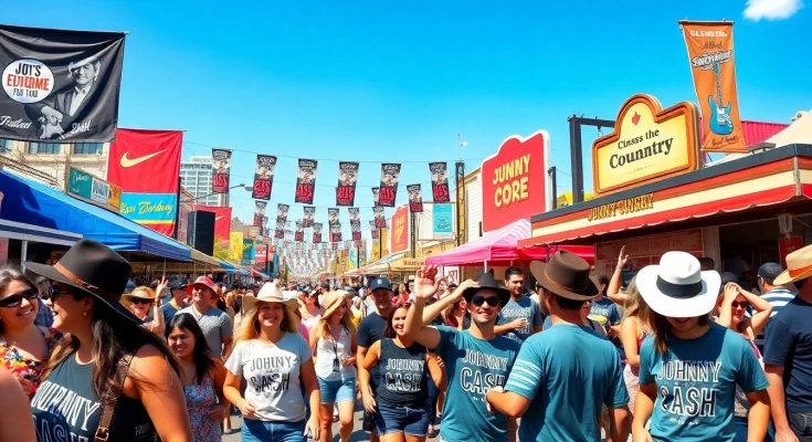 Celebrate Johnny Cash's legacy at the outdoor festival featured on johnnycashbirthday.com, with fans enjoying music and the vibrant atmosphere.