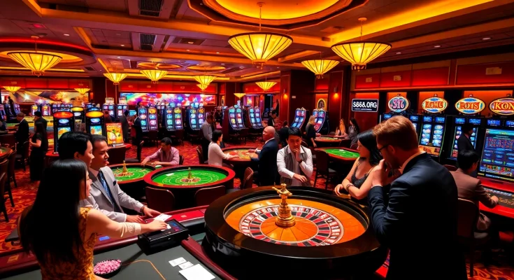 Engaged players enjoying a thrilling casino experience at https://s8s8.org/ with roulette tables and vibrant slot machines.