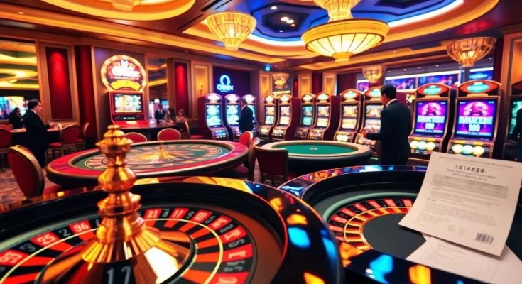 Experience the thrill of OKWIN gaming with players engaged at casino tables and a roulette wheel.