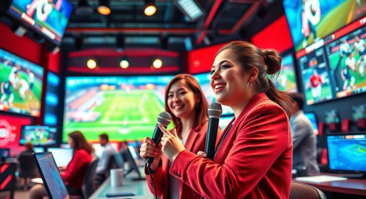 Energized announcer in sports broadcasting studio showcasing vibrant energy and professionalism.