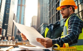 New York City General Contractor analyzing construction plans at a busy site.