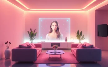 AI girlfriend engagement in a serene digital living room setting