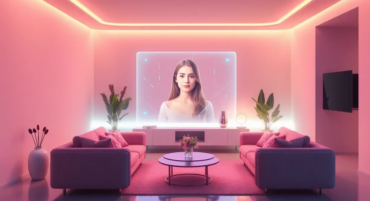 AI girlfriend engagement in a serene digital living room setting