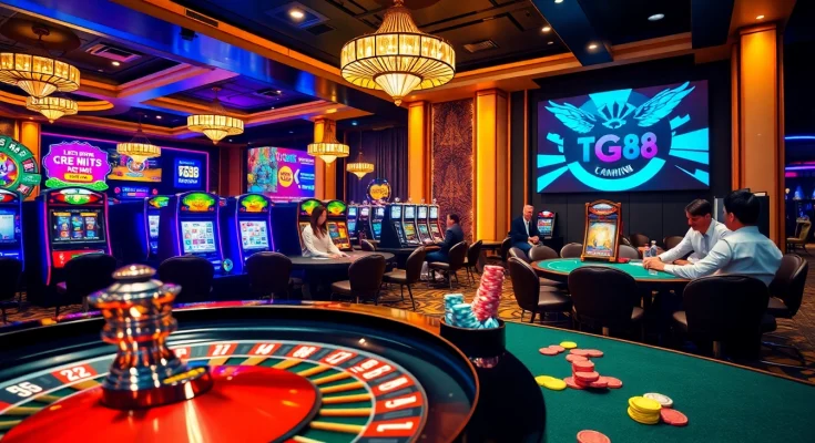 Engaging scene of tg88 casino action with players at roulette and poker tables.