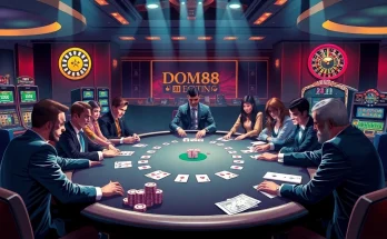 Experience thrilling gameplay at dom88.us.com with a diverse group of gamblers at a luxurious poker table.