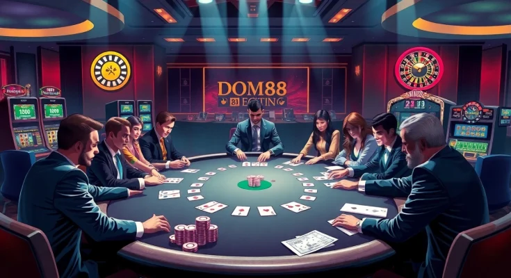 Experience thrilling gameplay at dom88.us.com with a diverse group of gamblers at a luxurious poker table.