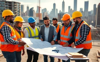 New York Construction Manager leading a diverse team on a bustling construction site.