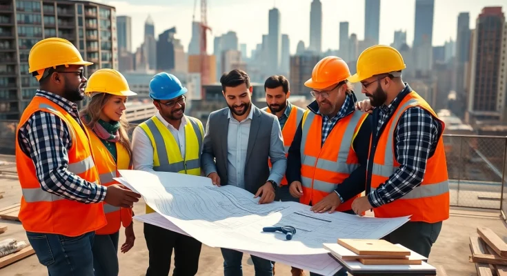New York Construction Manager leading a diverse team on a bustling construction site.
