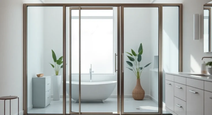 Showcase of glass shower doors highlighting elegant, modern design in a bright bathroom setting