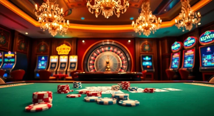 Kuwin casino action with vibrant poker chips and roulette wheel in a luxurious atmosphere.