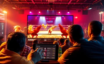Dynamic scene of live cockfighting streamed at sv368win.live, showcasing vibrant colors and engaging betting interfaces.