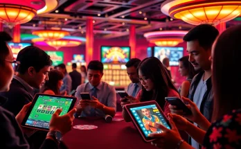 Engaging online casino scene showcasing diverse players with ev88win.live interfaces on digital devices.