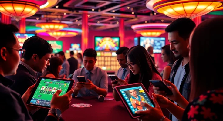 Engaging online casino scene showcasing diverse players with ev88win.live interfaces on digital devices.