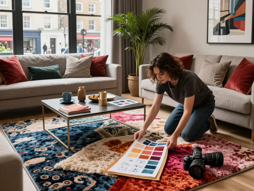 Luxury carpets London in an elegant living room with designer arranging various textures.