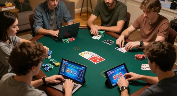 Players engaging in online poker game at home, showcasing strategies on 23win com, with focused expressions and colorful game visuals.