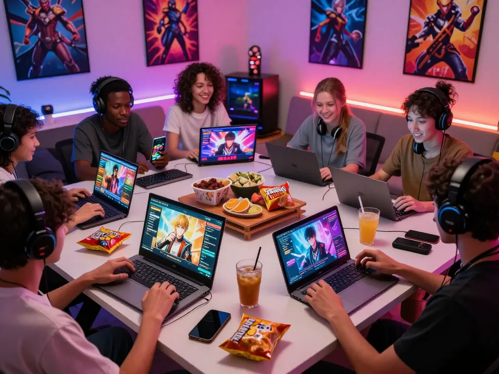 Engaged players enjoying popular porn games on devices in a cozy gaming environment.