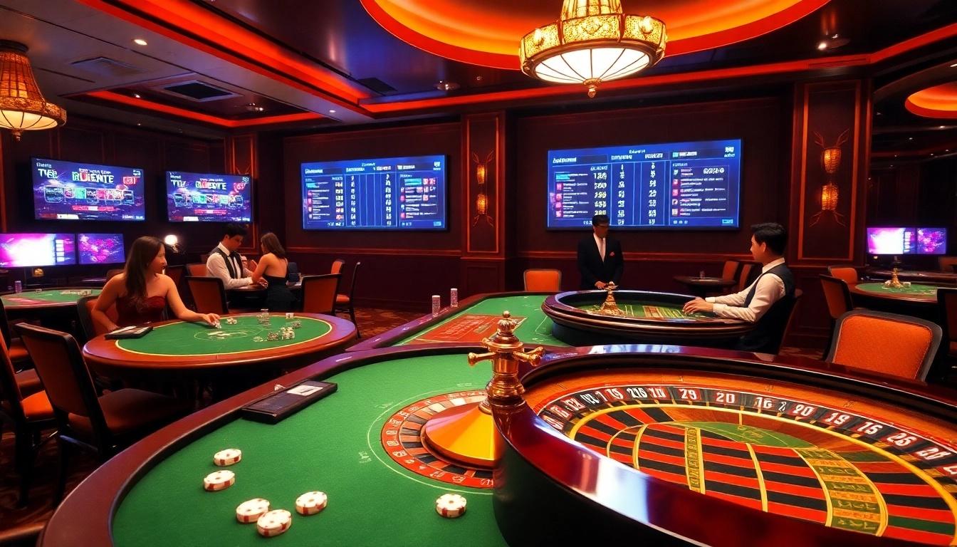 Engaging online gambling excitement at trang chủ lc88, featuring casino tables, roulette wheel, and poker chips.