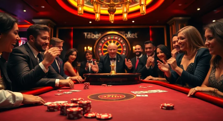 Players enjoying a thrilling game at the 77Bet casino poker table, showcasing vibrant poker chips and cards.