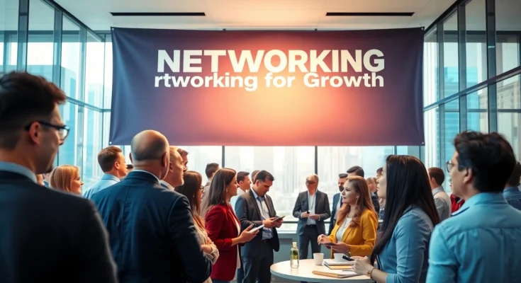 Engaged professionals at construction networking events discussing opportunities in a bright conference room.