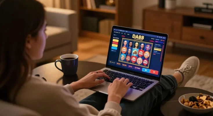 Person enjoying DA88 online casino gaming at home, laptop screen showing vibrant games and cozy atmosphere
