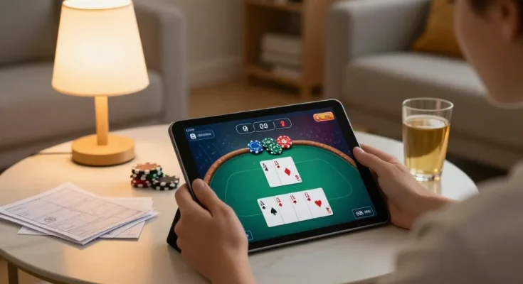 Engaging online poker gameplay at home using https://shbet.id/ tablet with cozy surroundings.