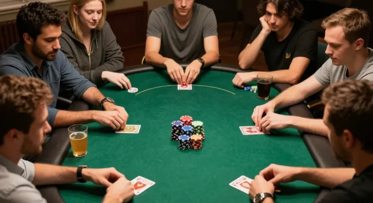 Players enjoying a friendly poker game at home, showcasing strategic gameplay and excitement with kk44 elements.