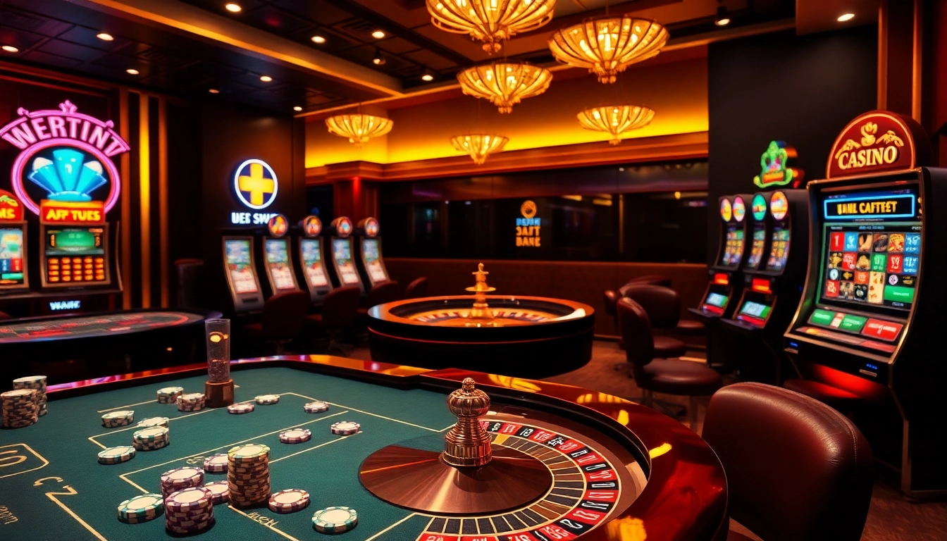 A vibrant online gambling scene showcasing Goal123 with poker chips, roulette wheel, and sleek slot machines.