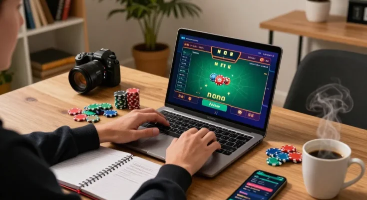 Engaging in online casino gaming at https://sshbet.io/ using a laptop with vibrant poker interface in stylish home office.