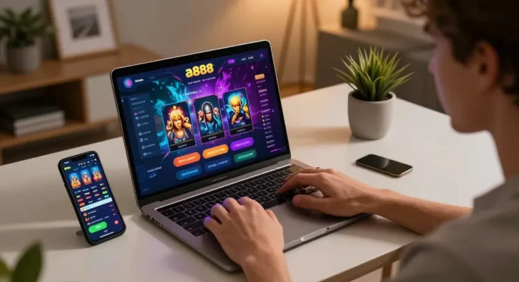 Engaging gameplay on the aa888 platform with a player actively using a laptop and smartphone to maximize their gambling experience.