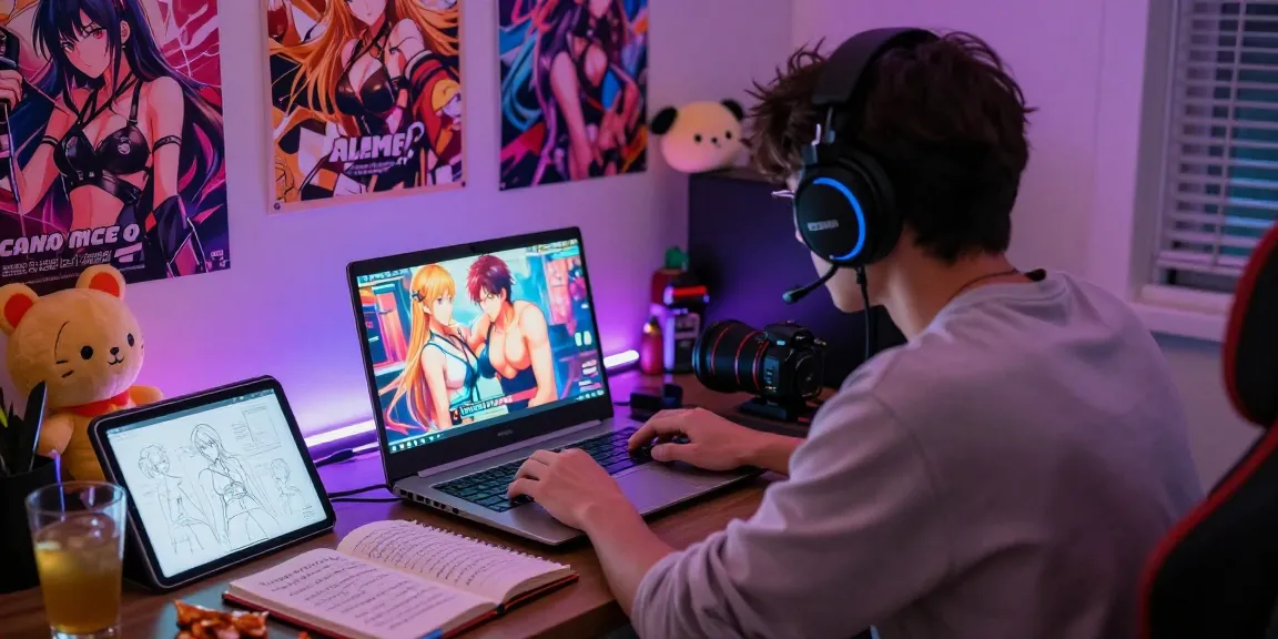 Player immersed in a hentai game, surrounded by colorful posters and gaming essentials, creating an engaging atmosphere.